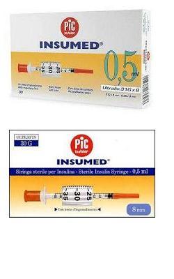 SIRINGA PER INSULINA PIC INSUMED 0,5 ML 100 UI AGO GAUGE 30 LUNGHEZZA 8 MM SENZA SPAZIO MORTO 3 SACCHETTI DA 10 PEZZI - Magnumfarma.it
