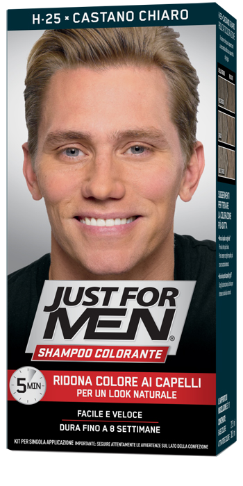 JUST FOR MEN SHAMPOO COLORANTE H25 CASTANO CHIARO ATTIVATORE CHIARO 38,5 ML + BASE COLORE 27,5 ML - Magnumfarma.it
