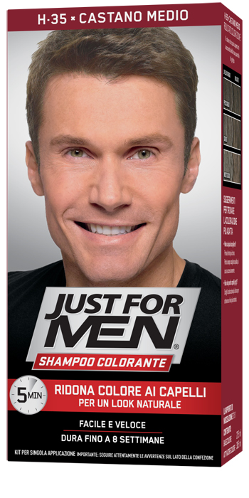 JUST FOR MEN SHAMPOO COLORANTE H35 CASTANO MEDIO ATTIVATORE CHIARO 38,5 ML + BASE COLORE 27,5 ML - Magnumfarma.it