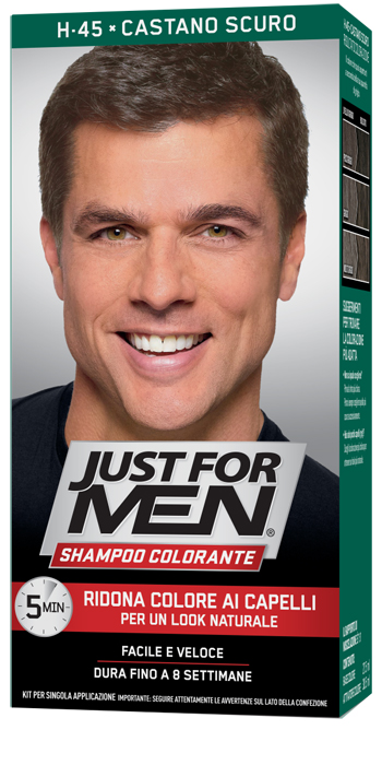 JUST FOR MEN SHAMPOO COLORANTE H45 CASTANO SCURO ATTIVATORE CHIARO 38,5 ML + BASE COLORE 27,5 ML - Magnumfarma.it