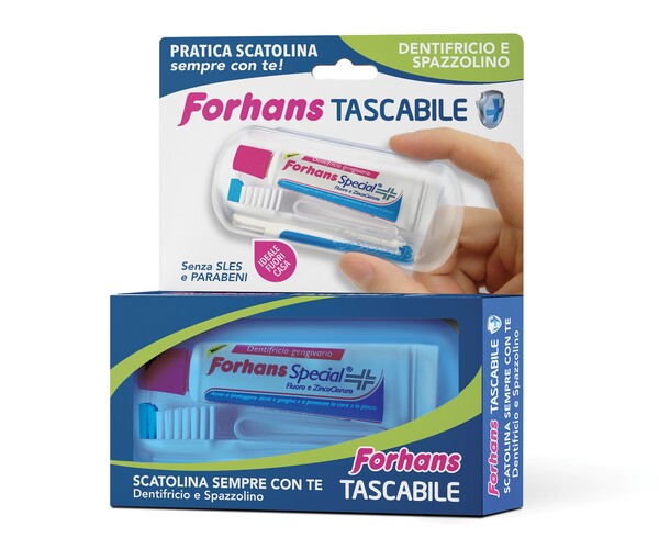 FORHANS TRAVEL KIT TASCABILE COMPOSTO DA SPAZZOLINO DA VIAGGIO + FORHANS SPECIAL PASTA DENTIFRICIA TUBETTO 12,5 ML - Magnumfarma.it