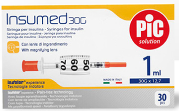 SIRINGA INSULINA PIC INSUMED 1 ML 100 UI AGO GAUGE 30 12,7 MM SENZA SPAZIO MORTO 30 PEZZI - Magnumfarma.it