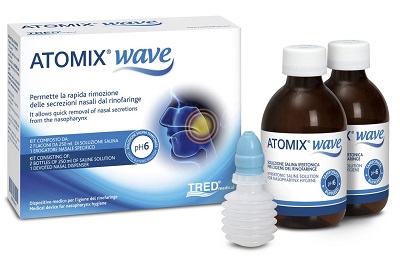 ATOMIX WAVE DISPOSITIVO PER IGIENE RINOFARINGEA ATOMIX SOLUZIONE SALINA 250 ML 2 PEZZI + TERMINALE NASALE + EROGATORE A SOFFIETTO - Magnumfarma.it