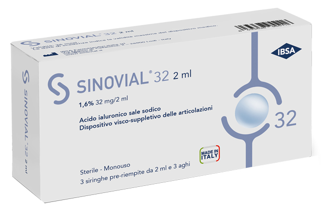 SIRINGA INTRA-ARTICOLARE SINOVIAL 32 ACIDO IALURONICO SALE SODICO 1,6% 32MG/2ML 3 SIRINGHE X 2ML + 3 AGHI - Magnumfarma.it