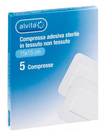 ALVITA GARZA COMPRESSA ADESIVA STERILE IN TESSUTO NON TESSUTO ESTENSIBILE BIANCO 15X15CM 5 PEZZI - Magnumfarma.it