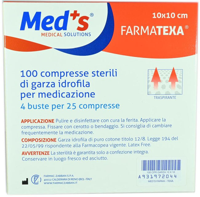 GARZA COMPRESSA IDROFILA MEDS FARMATEXA 2/8 10X10CM 100 PEZZI - Magnumfarma.it