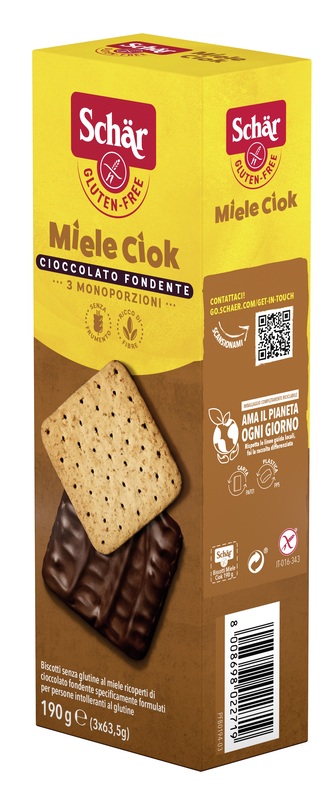SCHAR MIELE CIOK BISCOTTI AL MIELE RICOPERTI DI CIOCCOLATO FONDENTE 3 PORZIONI DA 63,5 G - Magnumfarma.it