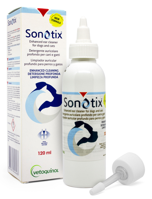 SONOTIX DETERGENTE AURICOLARE PROFONDO CANI E GATTI 120 ML + CANNULA CORTA RIGIDA + CANNULA LUNGA FLESSIBILE - Magnumfarma.it