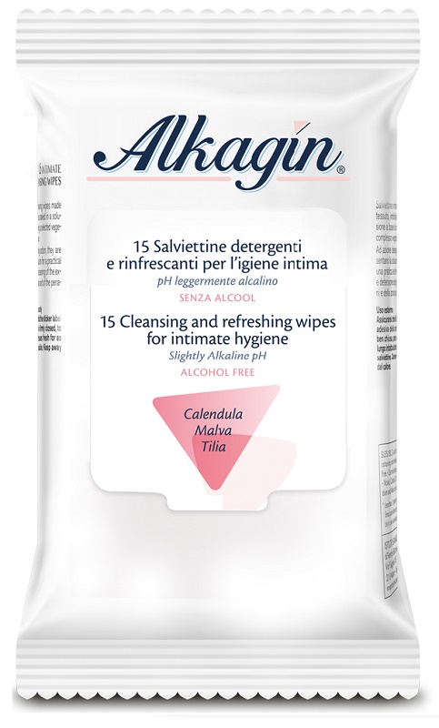 ALKAGIN SALVIETTINE DETERGENTI E RINFRESCANTI PER L'IGIENE INTIMA PH LEGGERMENTE ALCALINO SENZA ALCOOL 15 PEZZI CALENDULA MALVA E TILIA - Magnumfarma.it